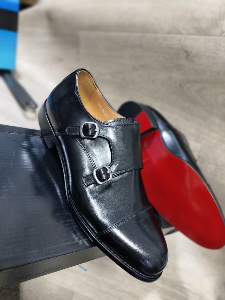 Black Double Monk Strap Leather Shoes