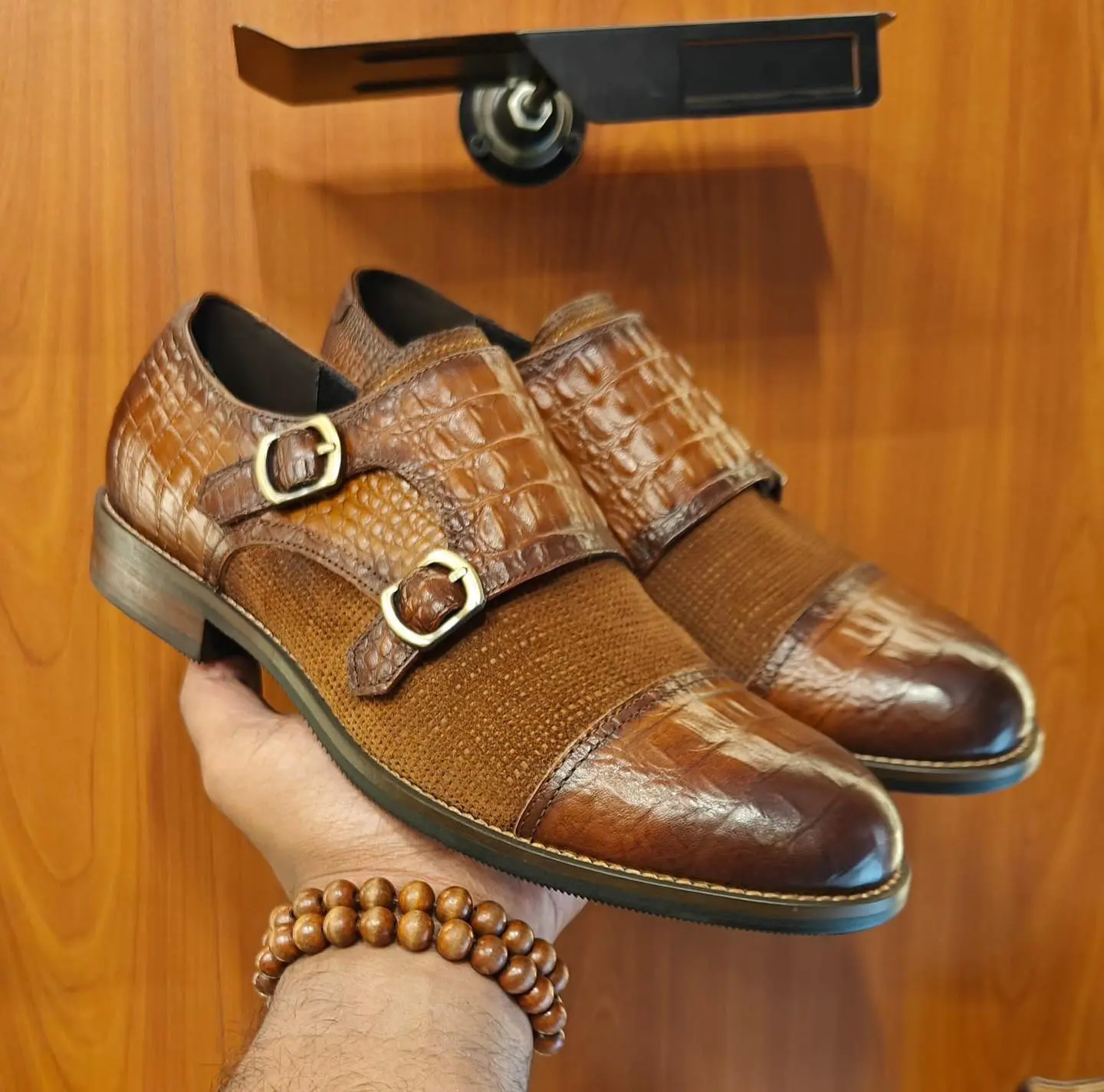 Luxury Croc Double Monk Strap Shoes – Brown