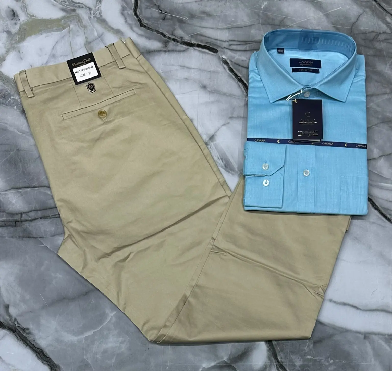 Cream Beige Trouser & Steel Blue Shirt Combo